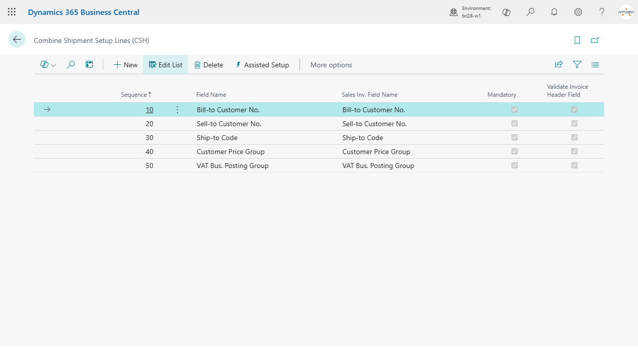 The setup lines catalogue with the suggested fields, all mandatory and validated.