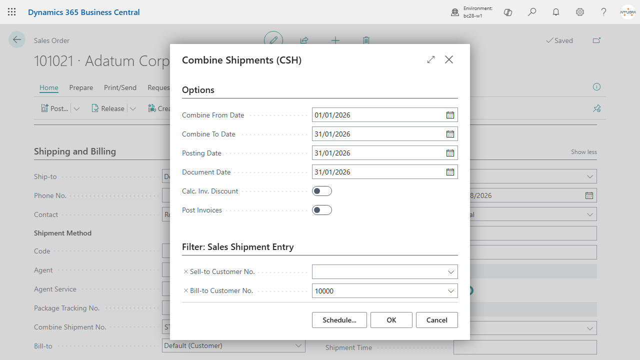 The request page: period, posting and document date, Post Invoices off, one bill-to customer filtered.