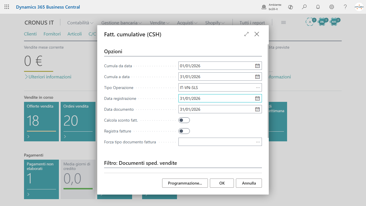 The request page with the Italian localization: one-month period, mandatory Operation Type and the Forced Fattura Document Type option.
