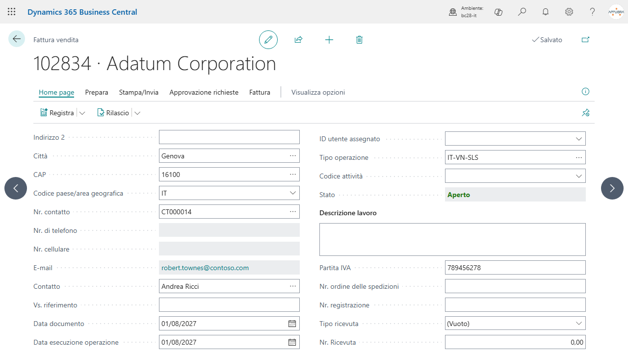 The combined invoice with the Italian data: Operation Type, Operation Occurred Date and Document Date.