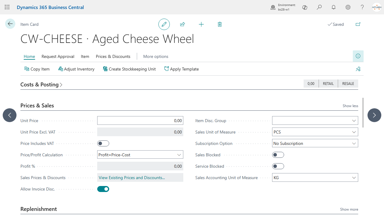 Item card: pieces as the base unit, kilograms as the accounting unit