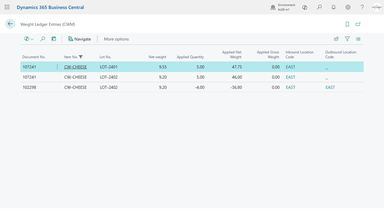 Weight ledger: two receipts at different ratios, one sale drawn from a single lot