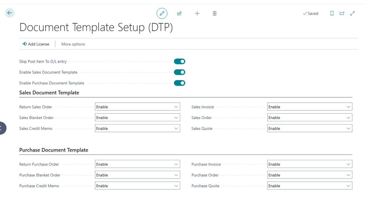 Document Template Setup: enable document templates per document type, on both the sales and purchase side.