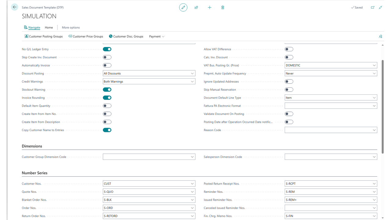 A sales document template: full setup profile with number series, warnings, pricing and the No G/L / simulated-document flags.