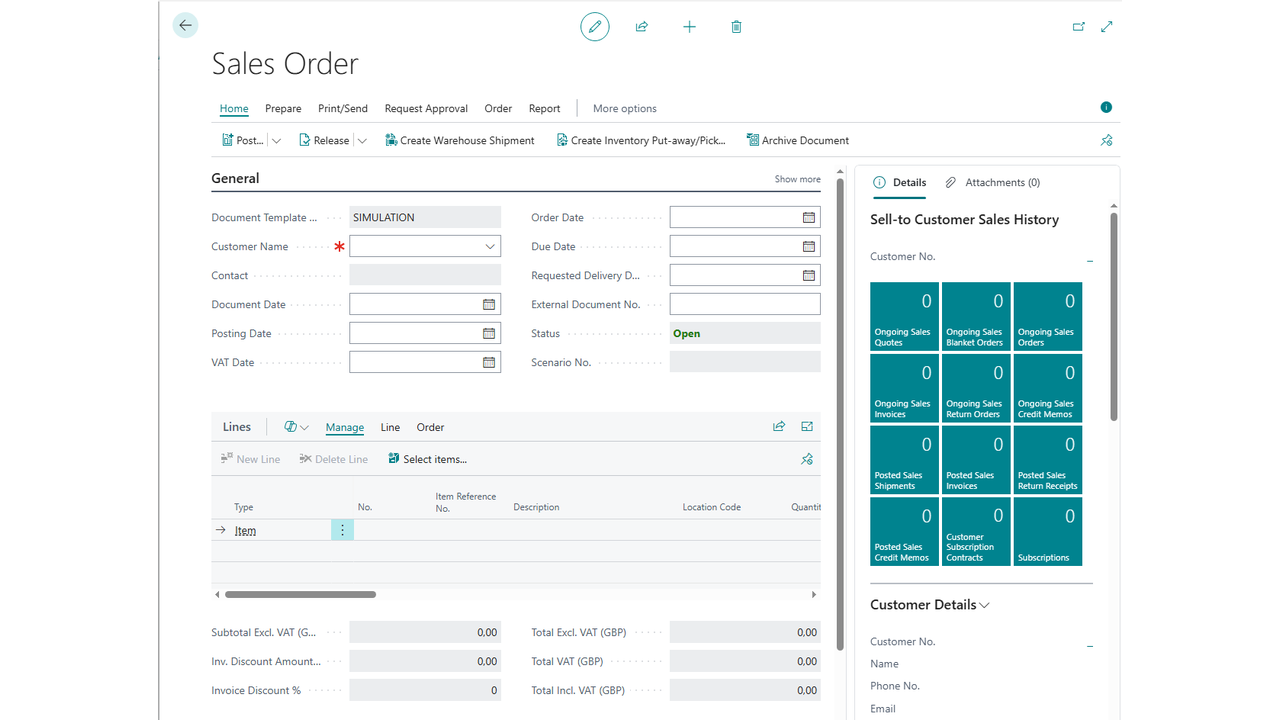 A sales order created from a template: the Document Template No. drives its number series and options.