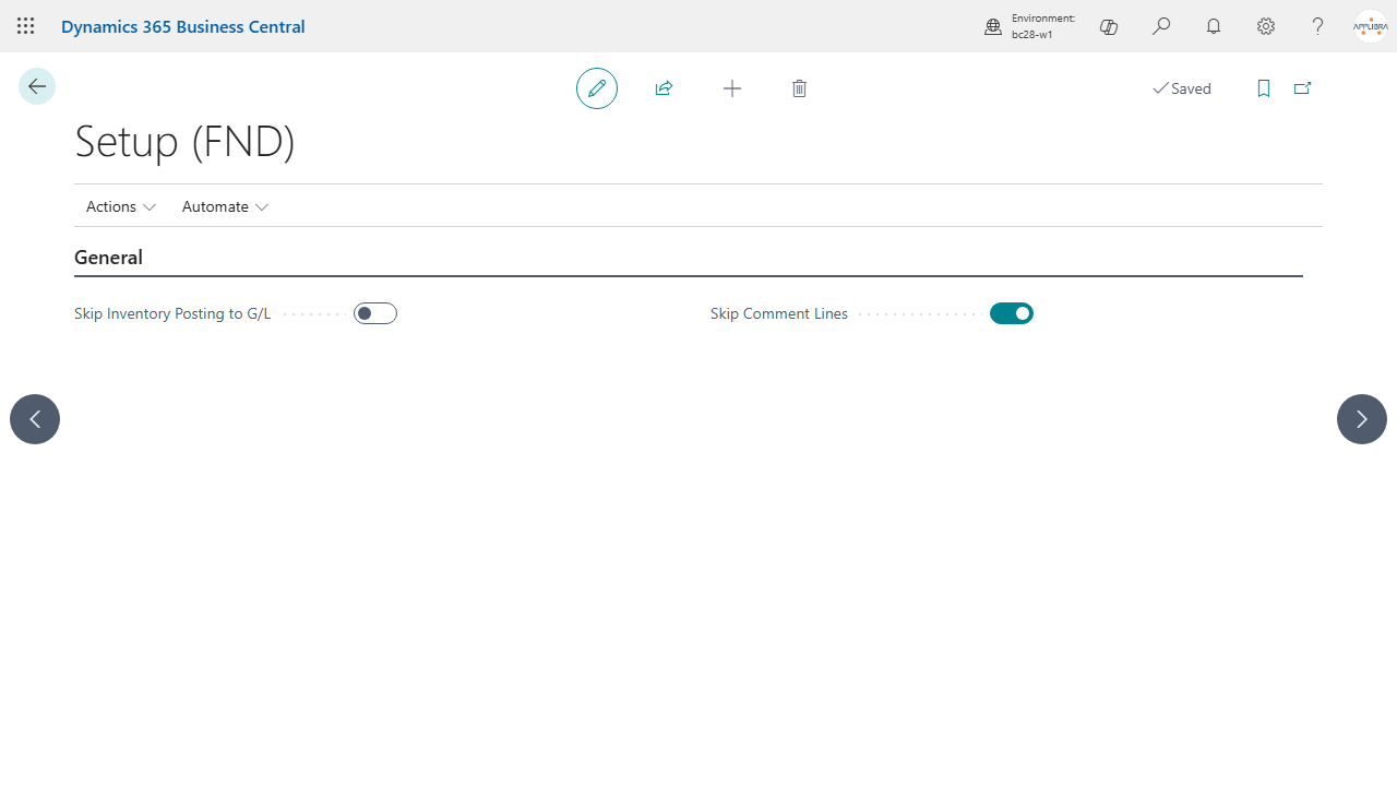 The setup with its two options: skip the inventory posting to the general ledger and skip the comment lines