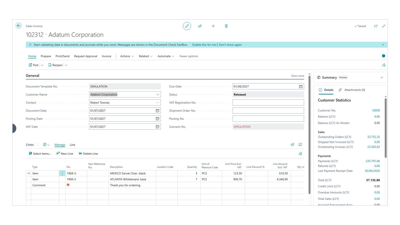 Sales invoice carrying the SIMULATION scenario in the header.
