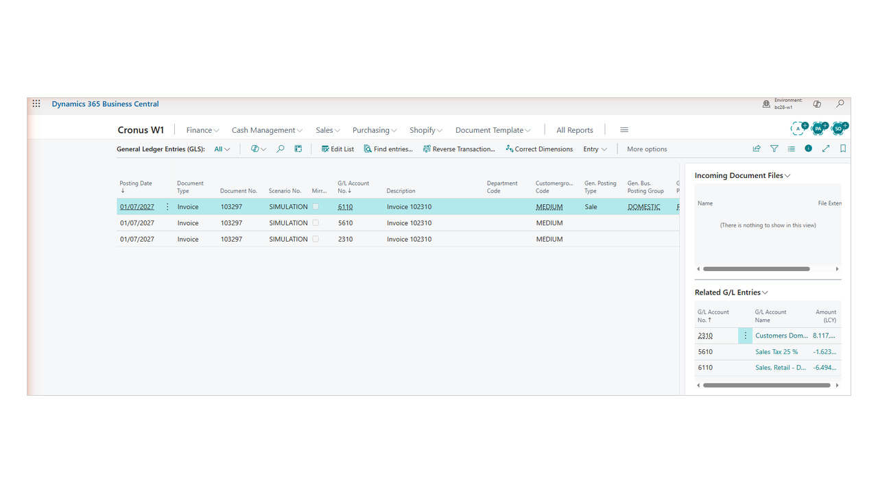 General Ledger Entries (GLS) filtered on the posted document, with the Scenario No. column.