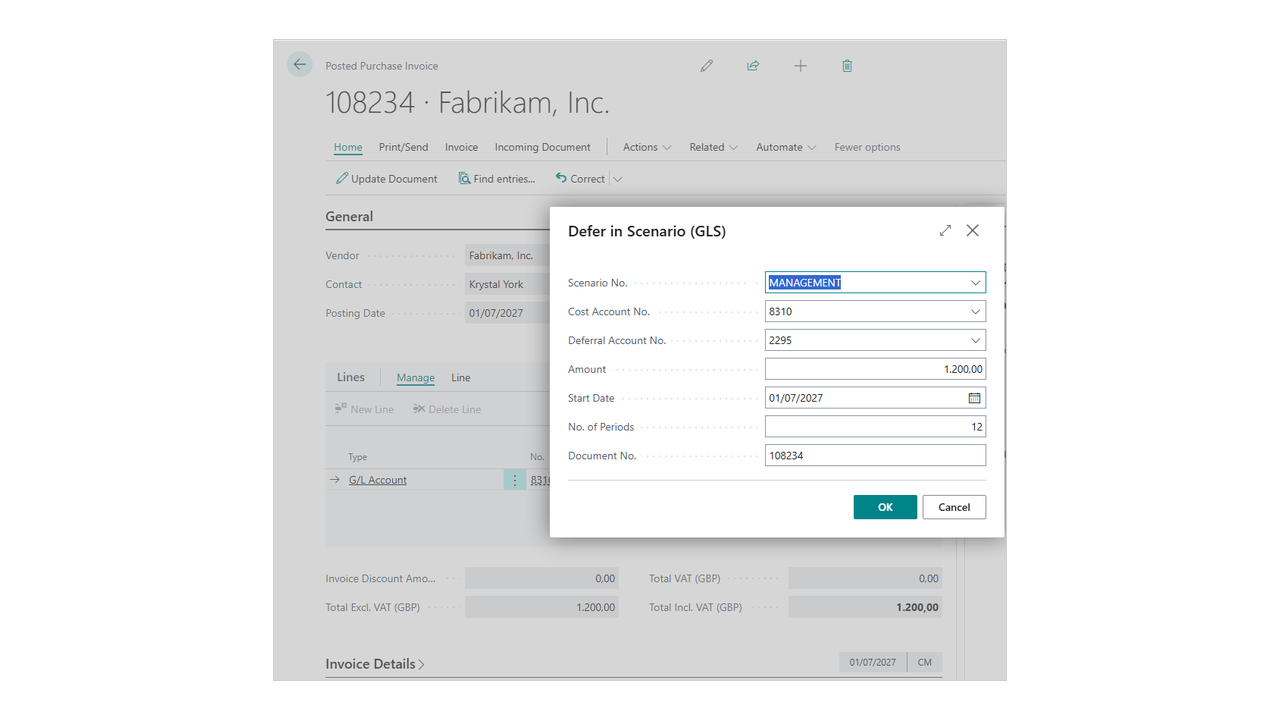Defer in Scenario: spread a flat cost from a posted purchase invoice over its competence months, inside the scenario.