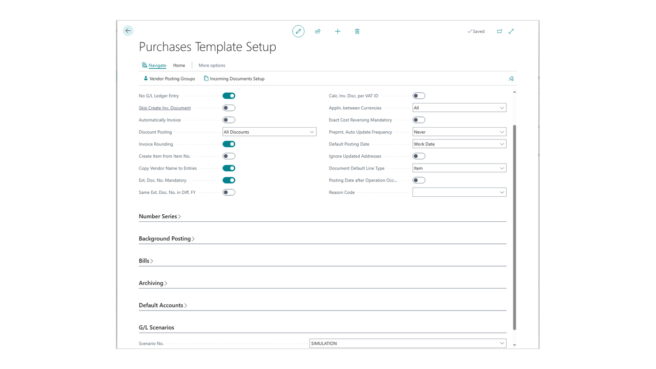 Purchase template with No G/L Ledger Entry on and the Scenario No. set.