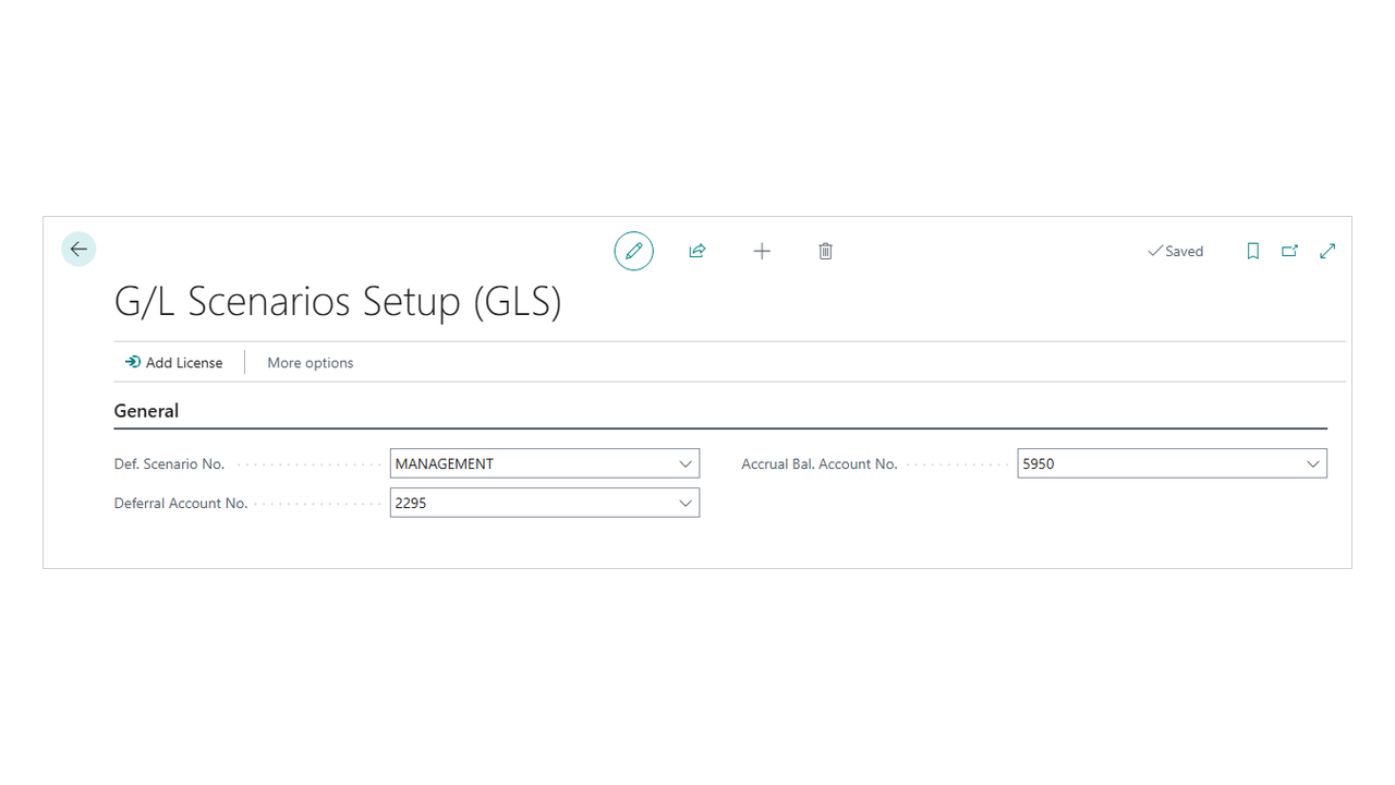 The GLS setup page: configure scenarios and how documents post into them.