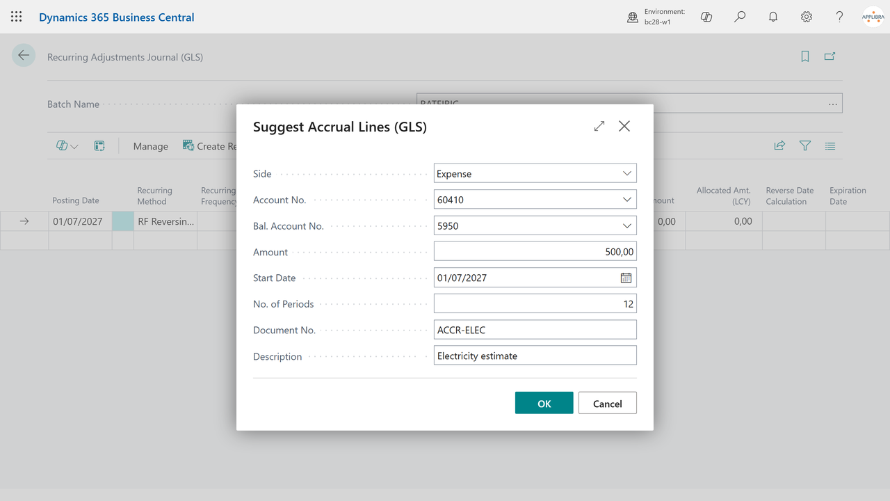 Create Recurring Accrual: pick the side, the income statement account and the horizon; the balance sheet account comes from setup.