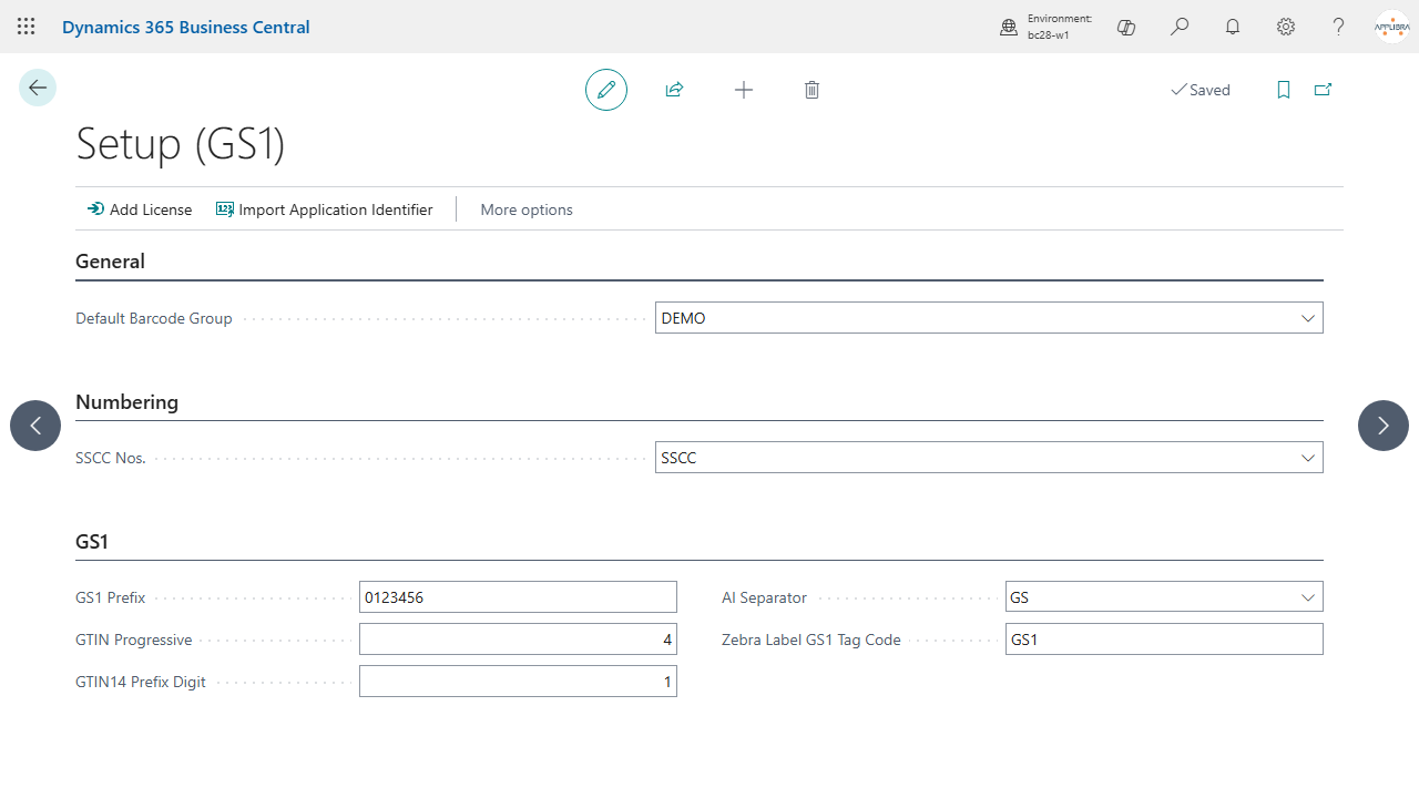 The GS1 setup with company prefix, SSCC number series, AI separator and default barcode source group