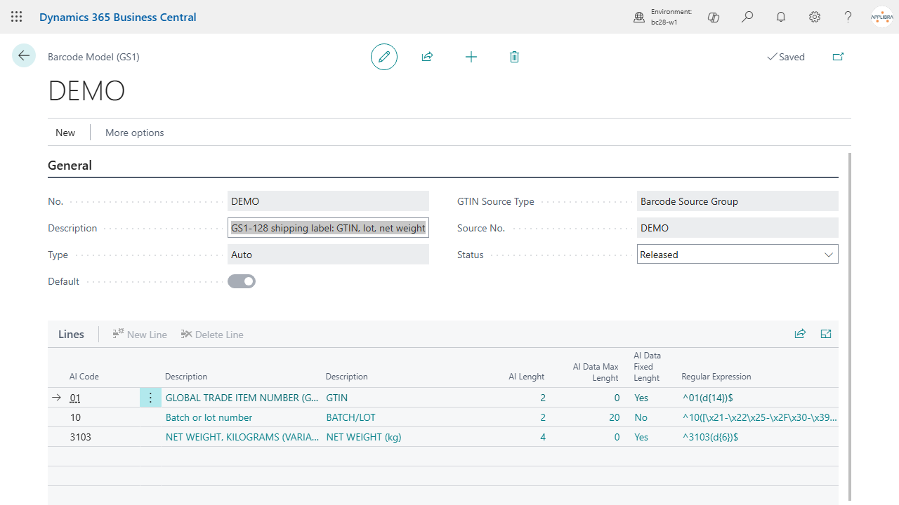 A barcode model with the application identifiers that make it up and the source of each value