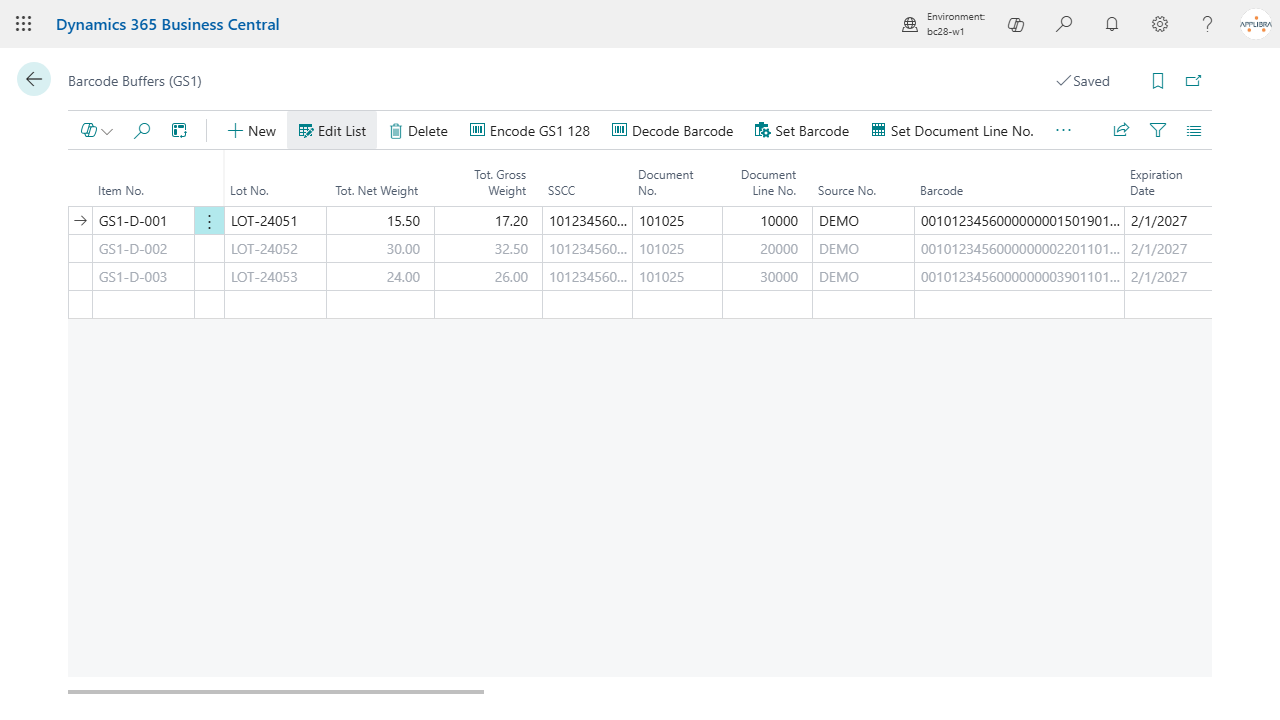 Captured scans with the resolved item, lot, weight and SSCC, and the linked document line