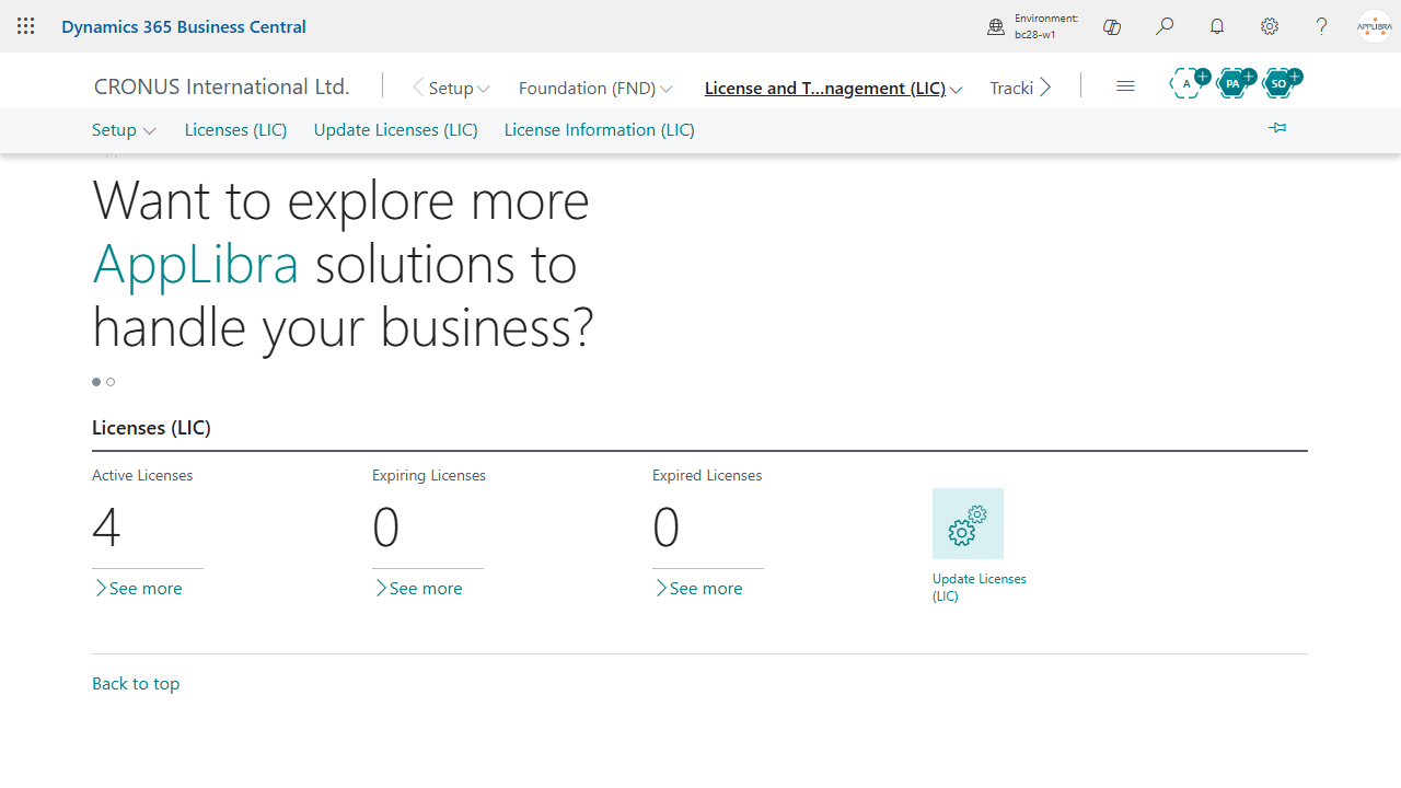 The AppLibra role center with the Licenses (LIC) cue and the License and Trial Management (LIC) group