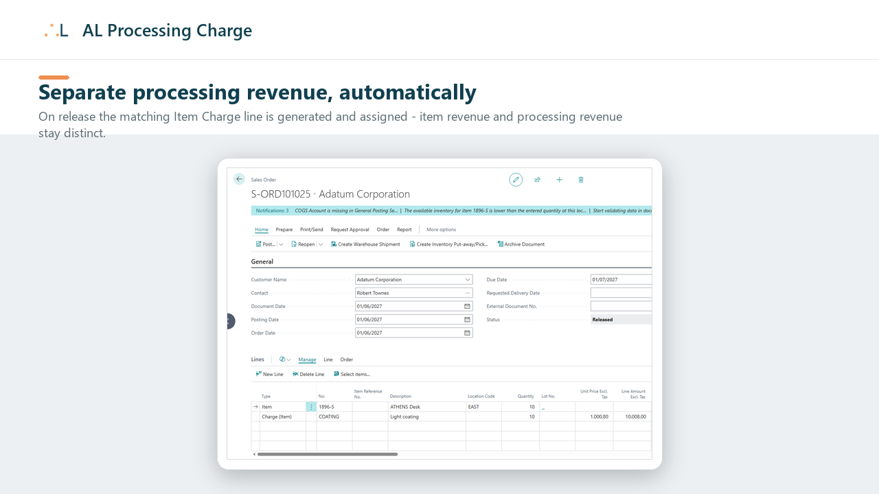 The sales order after release: the item line and the automatically generated Item Charge line beneath it.
