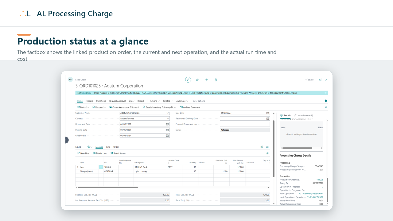 The Processing Charge Details factbox with the linked production order status.