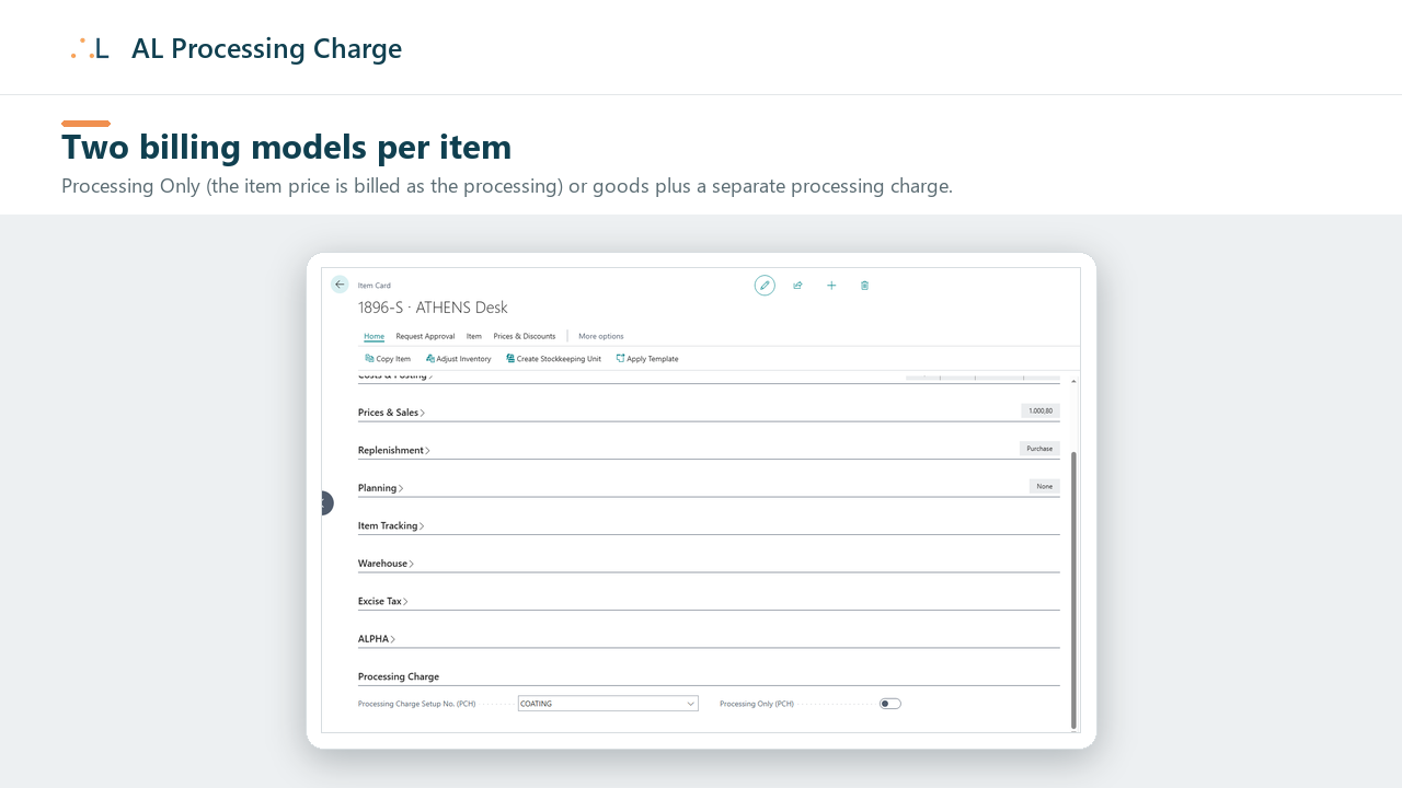 Default processing charge and the Processing Only flag on the Item card.
