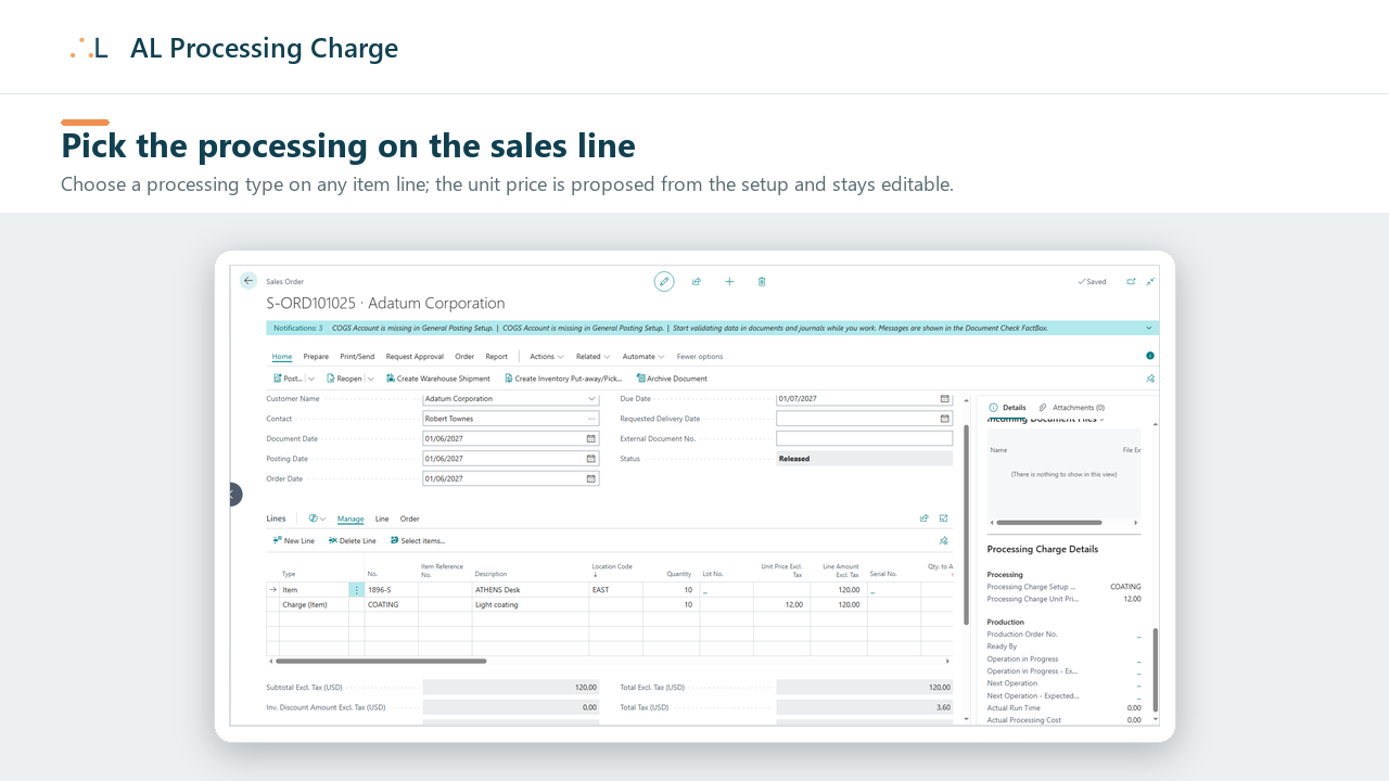 A sales order item line with the Processing Charge Setup No. and Unit Price, and the Processing Charge Details factbox on the right.